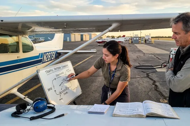 An instructor and student at a whiteboard