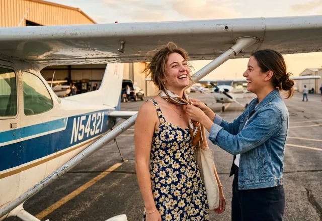 A portrait session beside the aircraft on the ramp at golden hour