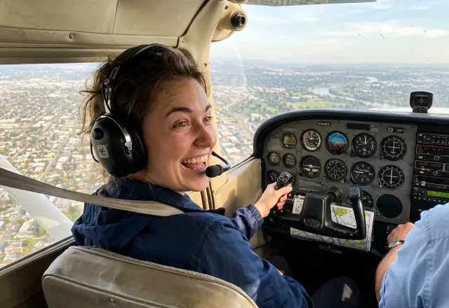 Student pilot at the controls during a training flight