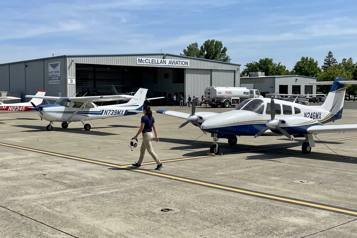 The aircraft outside the maintenance hangar at McClellan