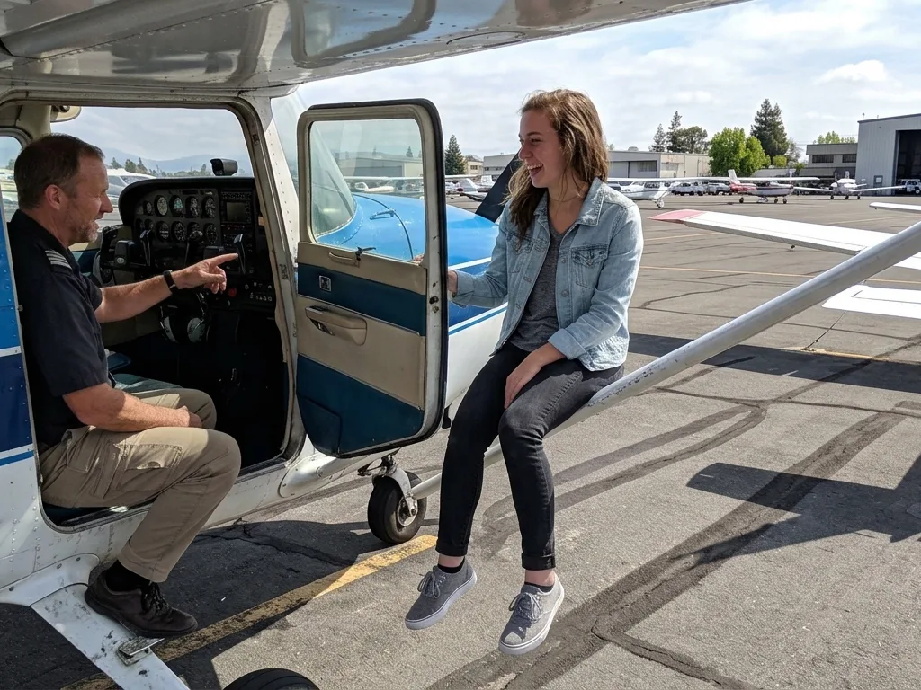 An instructor briefing a young student in the cockpit