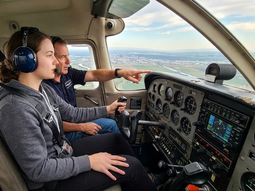 A student at the controls during a training flight
