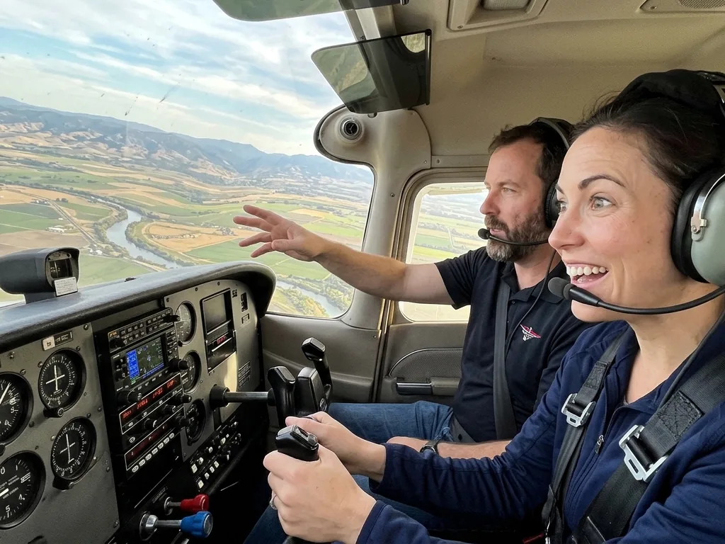 A light aircraft over open country on a clear afternoon