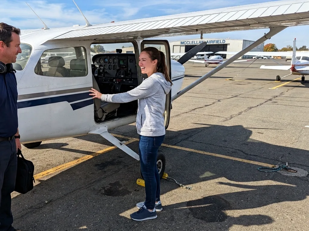 A first-time flyer at the aircraft before a lesson