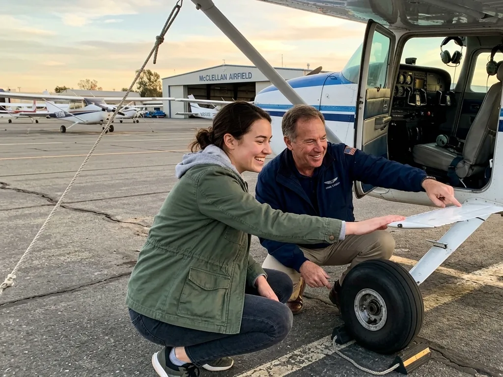 Instructor and first-time flyer running the pre-flight walkaround