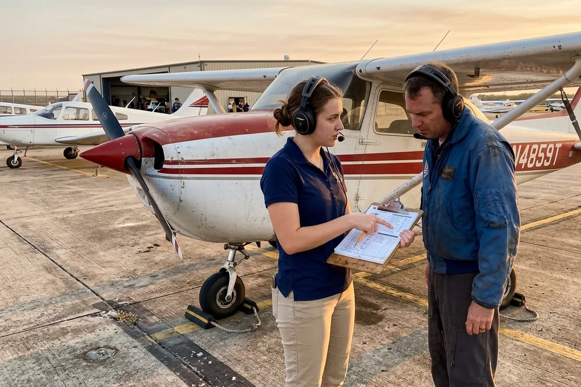 A student and instructor talking through a question at the aircraft