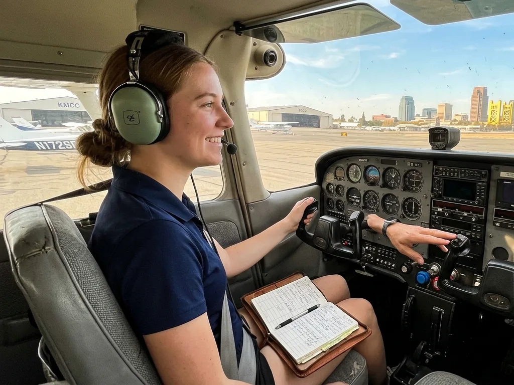 A student flying with an instructor beside them