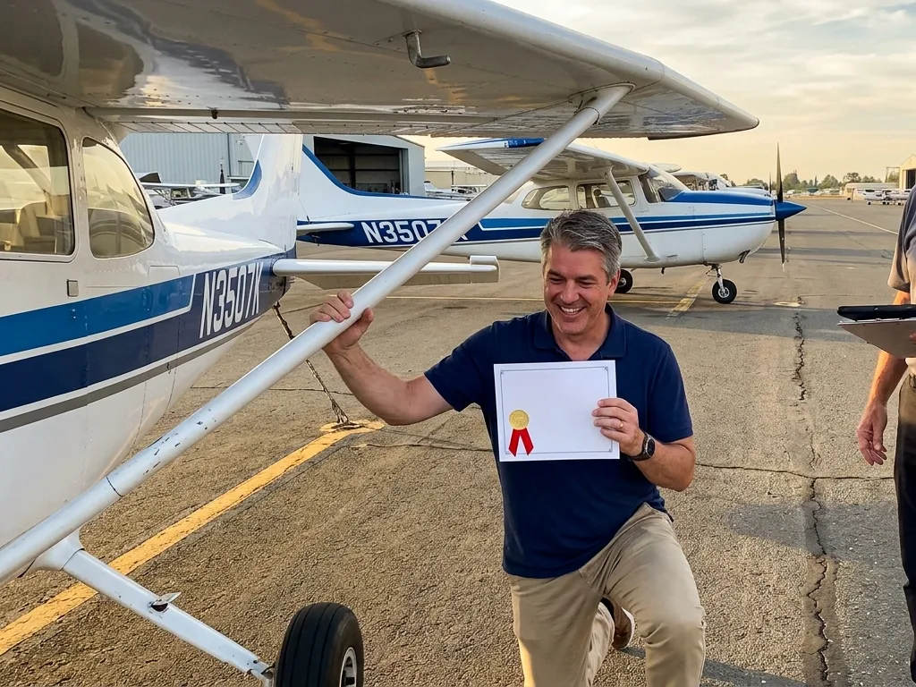 A student running the pre-flight walkaround on a Cessna