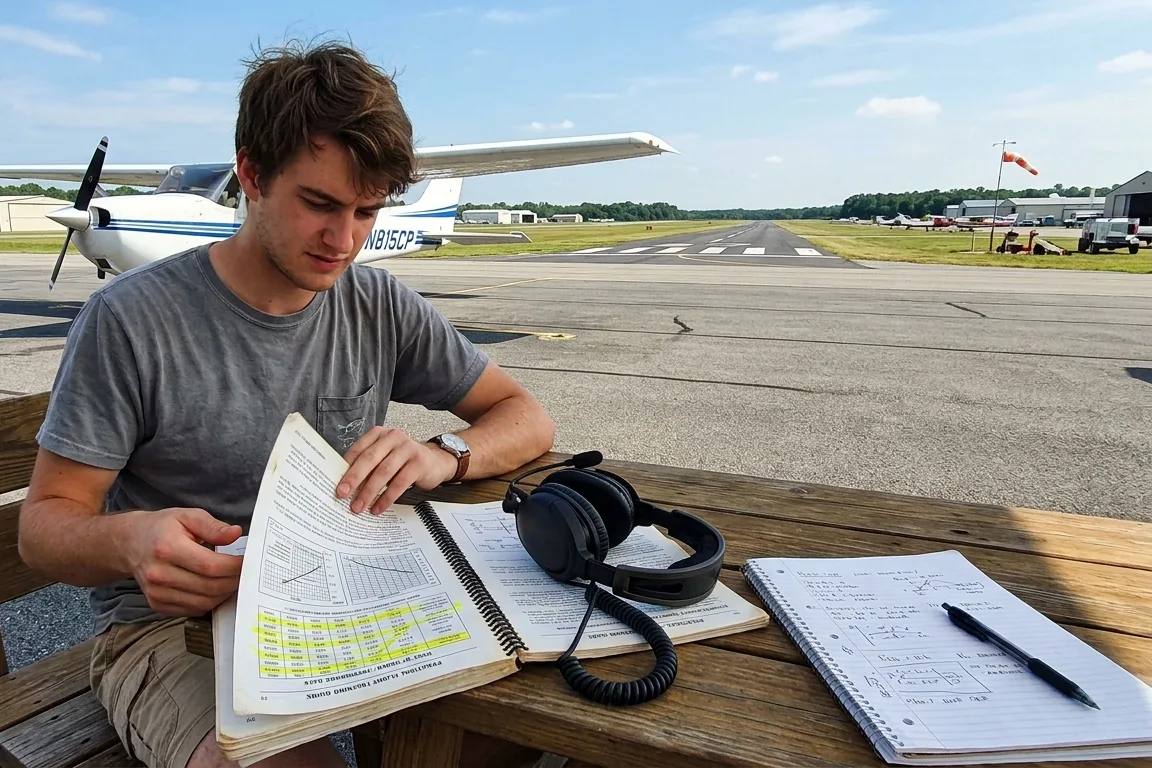Charts, a headset and a notebook on the table before a lesson