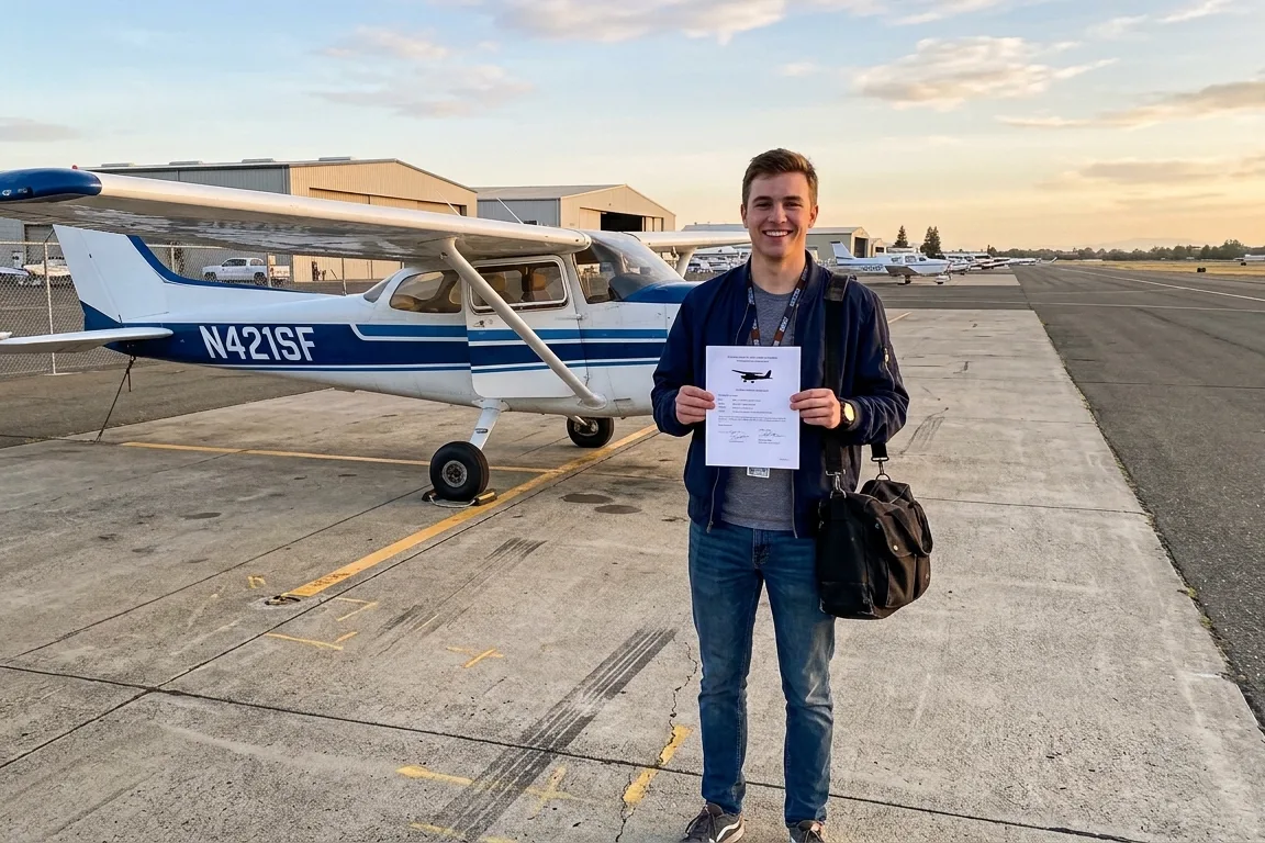 A student on the ramp at McClellan after a first solo