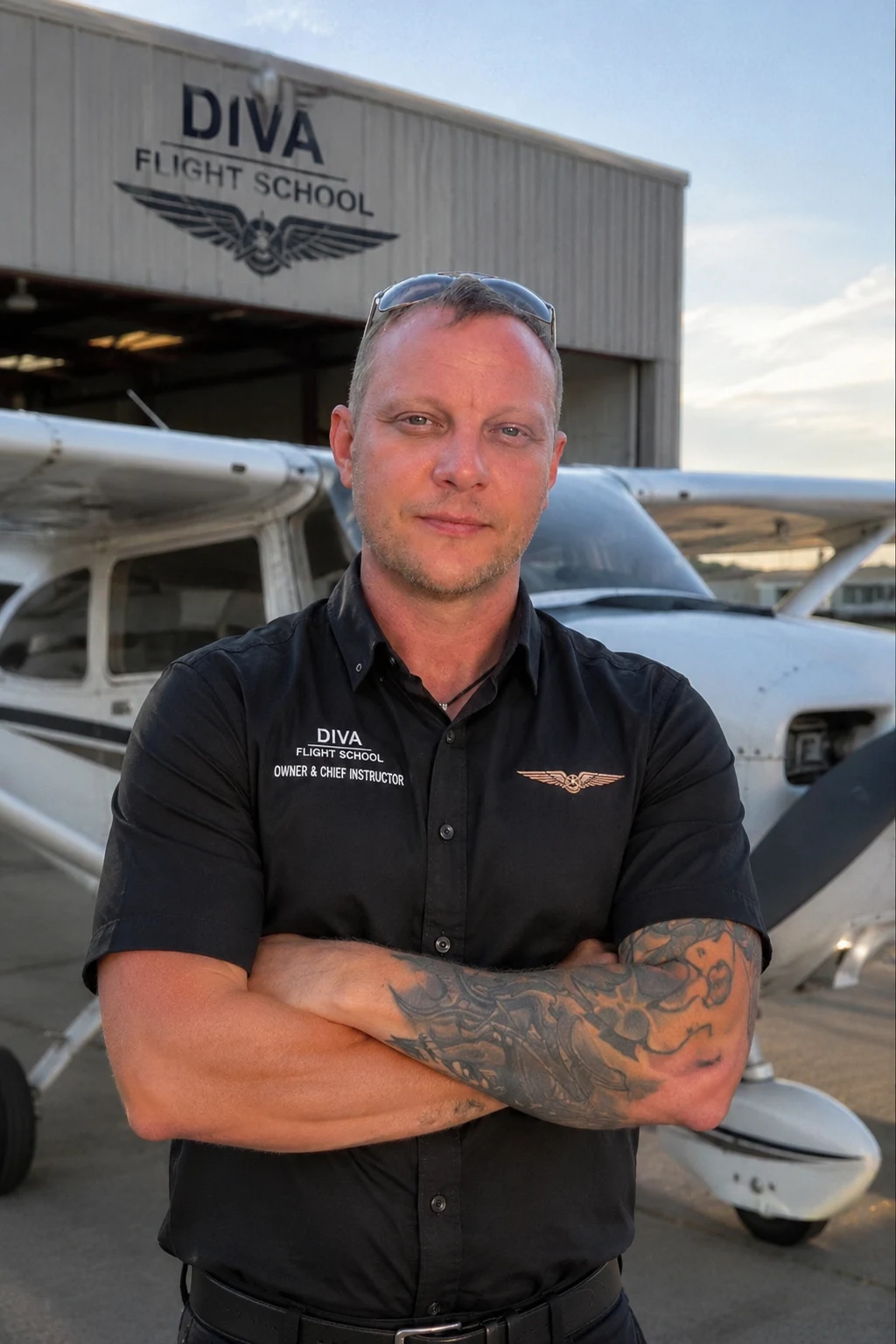 Denis Vyatkin in front of the school's aircraft at the DIVA hangar