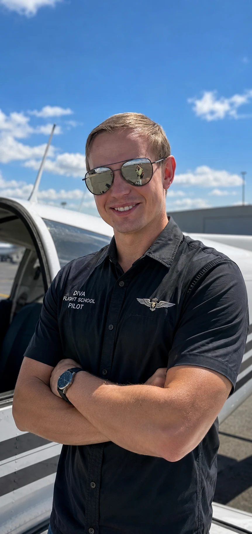 Sergio beside one of the school's aircraft on the ramp